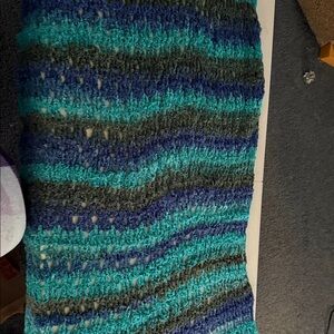 Handmade Striped Crochet Scarf in Teal, Navy & Gray